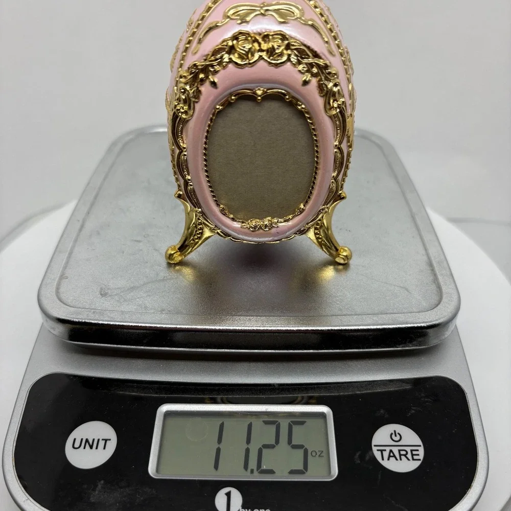 Ornate Pink Egg Picture Frame Trinket Box Goldtone Ornate Rococo Music Box Japan